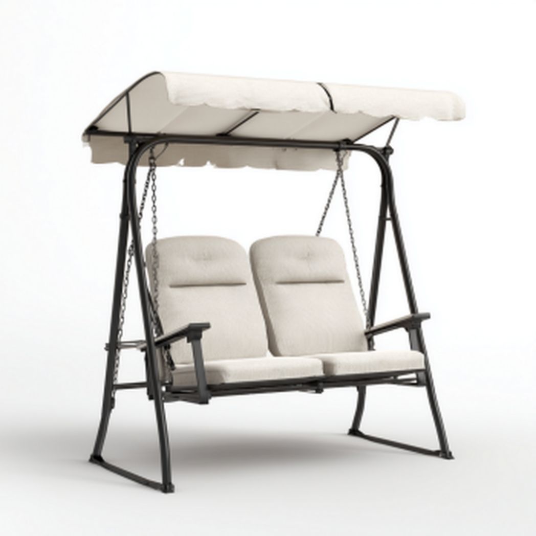 Huśtawka ogrodowa z dachem, przeznaczona do użytku na zewnątrz, stalowa rama, tkanina poliestrowa - 150 x 100 x 160