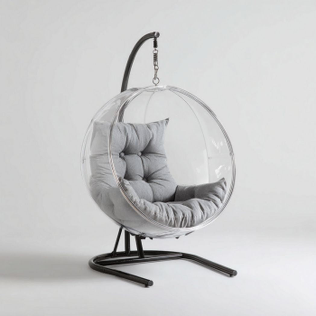 Fotel wiszący z przezroczystym siedziskiem i metalową podstawą - 90 x 90 x 120