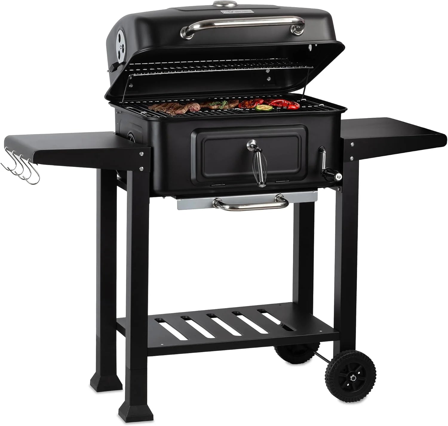 BBQ-Toro Kolgrillvagn med höjdjusterbar kolskål | Kolgrill med lock, Kolgrillvagn med termometer | Trägrill, rök, Kol, XXL-grill, stor kolgrill